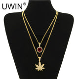 UWIN Men Hip hop Jewelry Set Gold Color Lced Out Rhinestone Mini Round Red Gem Crystal With Maple Leaf Pendant Necklace Set
