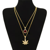 UWIN Men Hip hop Jewelry Set Gold Color Lced Out Rhinestone Mini Round Red Gem Crystal With Maple Leaf Pendant Necklace Set