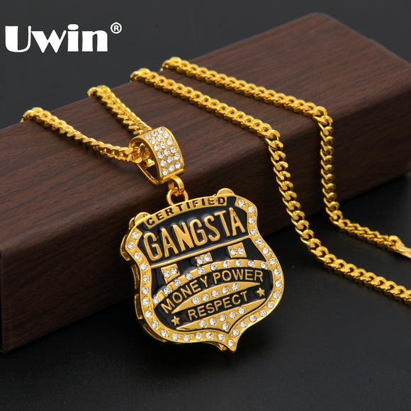 Hot Selling Hip hop Jewelry GANGSTA Medal Shield Rhinestones Badge Pendant Necklace Europe And The United States For Men