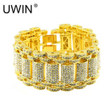 UWIN Men's Hip Hop Gold Bracelet Rock Punk Jewelry Bling AAA Rhinestone Crystal Alloy Silver Color Bangles Bracelets 20cm
