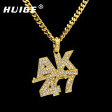 Men Women Rock Jewelry Gifts Gold Color Bling AK47 Submachine Gun Rhinestone Pendants Necklaces Hip Hop Charm Chains