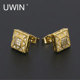 UWIN New Men AAA CZ Rhinestone Crystal Stud Earrings Copper Material Gold Color Square Earrings Women Fashion Hip Hop Jewelry