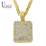 UWIN Men's Hip Hop Jewelry Lced Out Full Rhinestone Pendant Silver Gold Color Square Luxury Crystal Punk Pendant Necklace